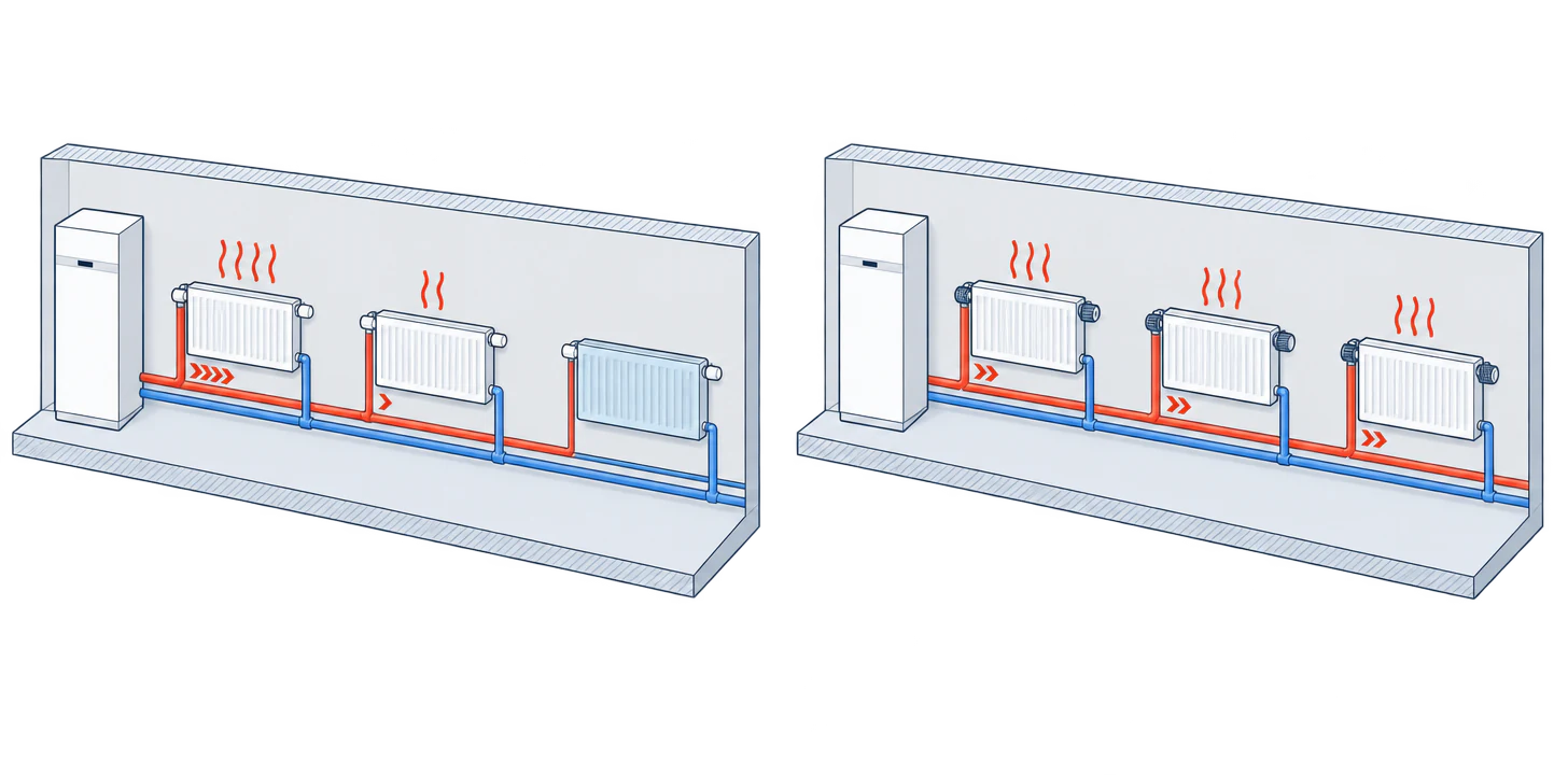 Two walls, each with three radiators on one pipe run from an indoor unit: on the left the furthest radiator stays cold, on the right all three are equally warm