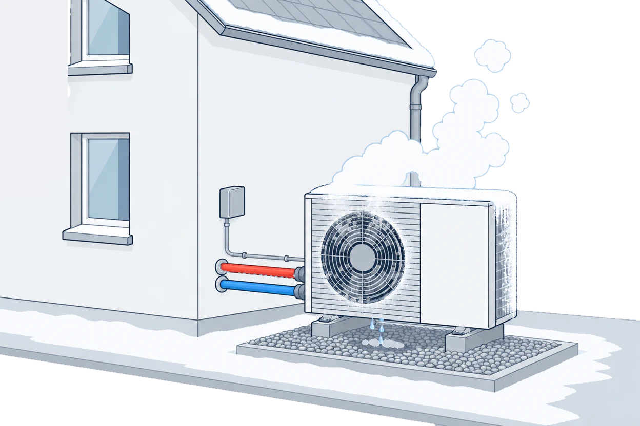 Outdoor heat pump unit beside a house in snow, with frost on the fan grille, a cloud of vapour rising from the unit and water dripping onto a gravel bed below