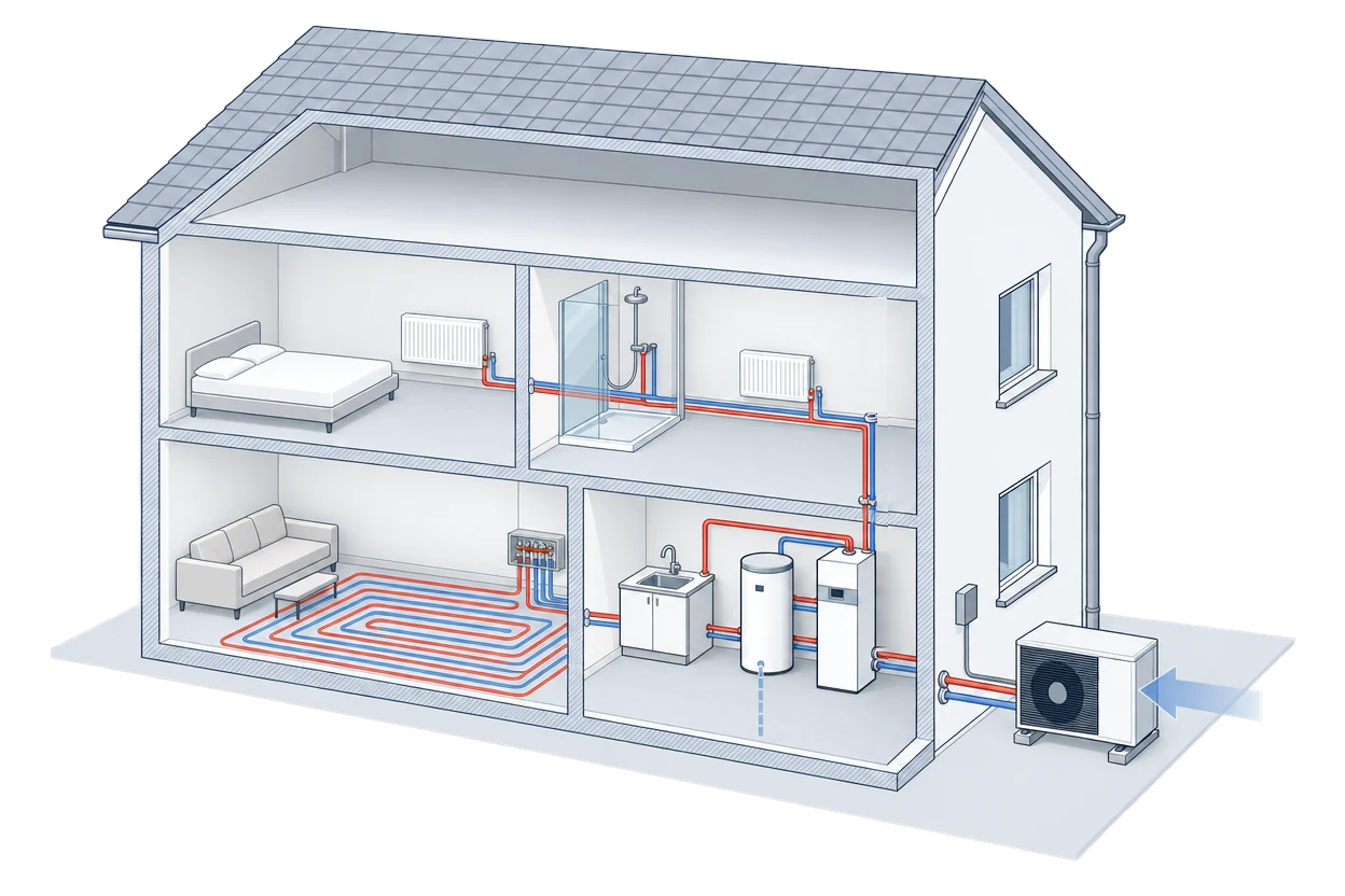 Cutaway of a two-storey house with an outdoor heat pump unit, an indoor unit beside a hot-water cylinder, underfloor heating downstairs and radiators upstairs