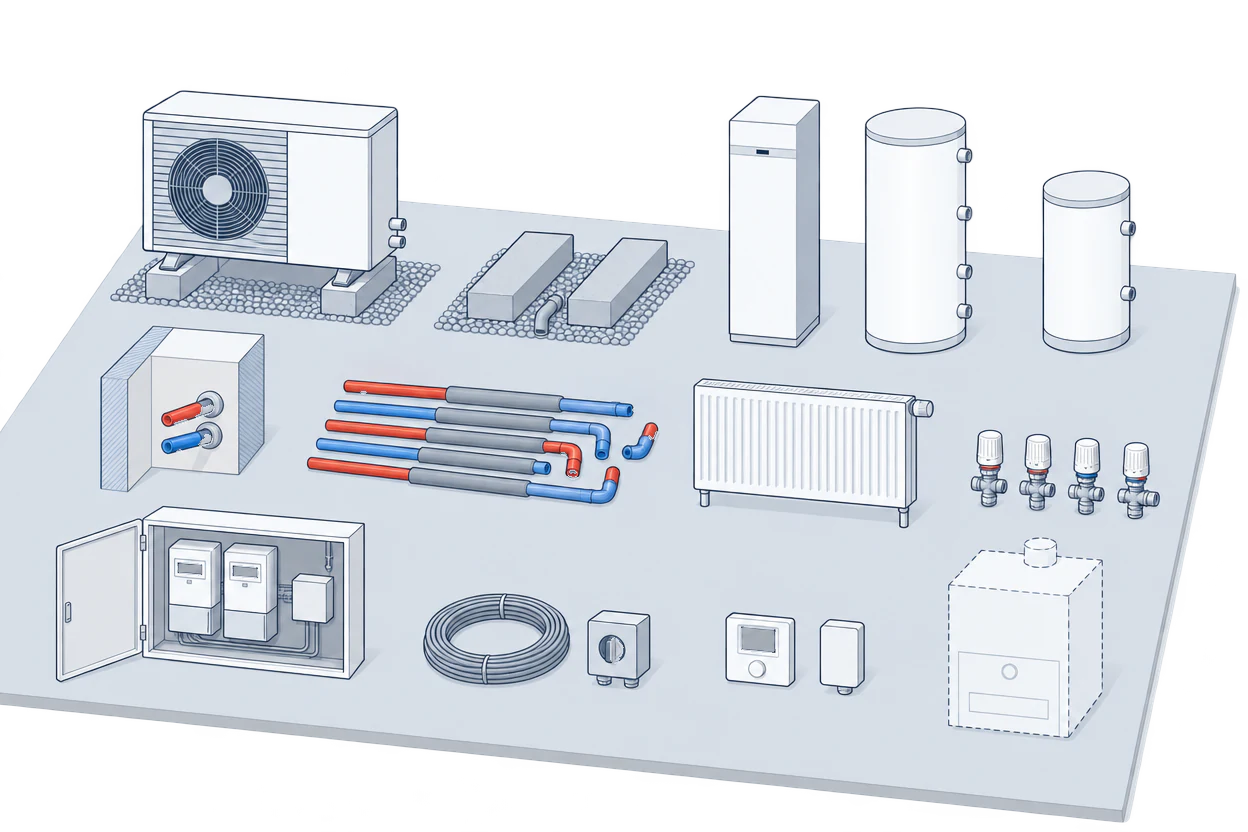The parts of a heat pump installation laid out side by side: outdoor unit on its base, a second concrete base with a drain pipe, an indoor unit, a hot-water cylinder and a smaller buffer tank, wall sleeve, insulated pipes, a radiator, radiator valves, an electricity meter cupboard, cable, an isolator switch, controls and, in dashed lines, the old boiler