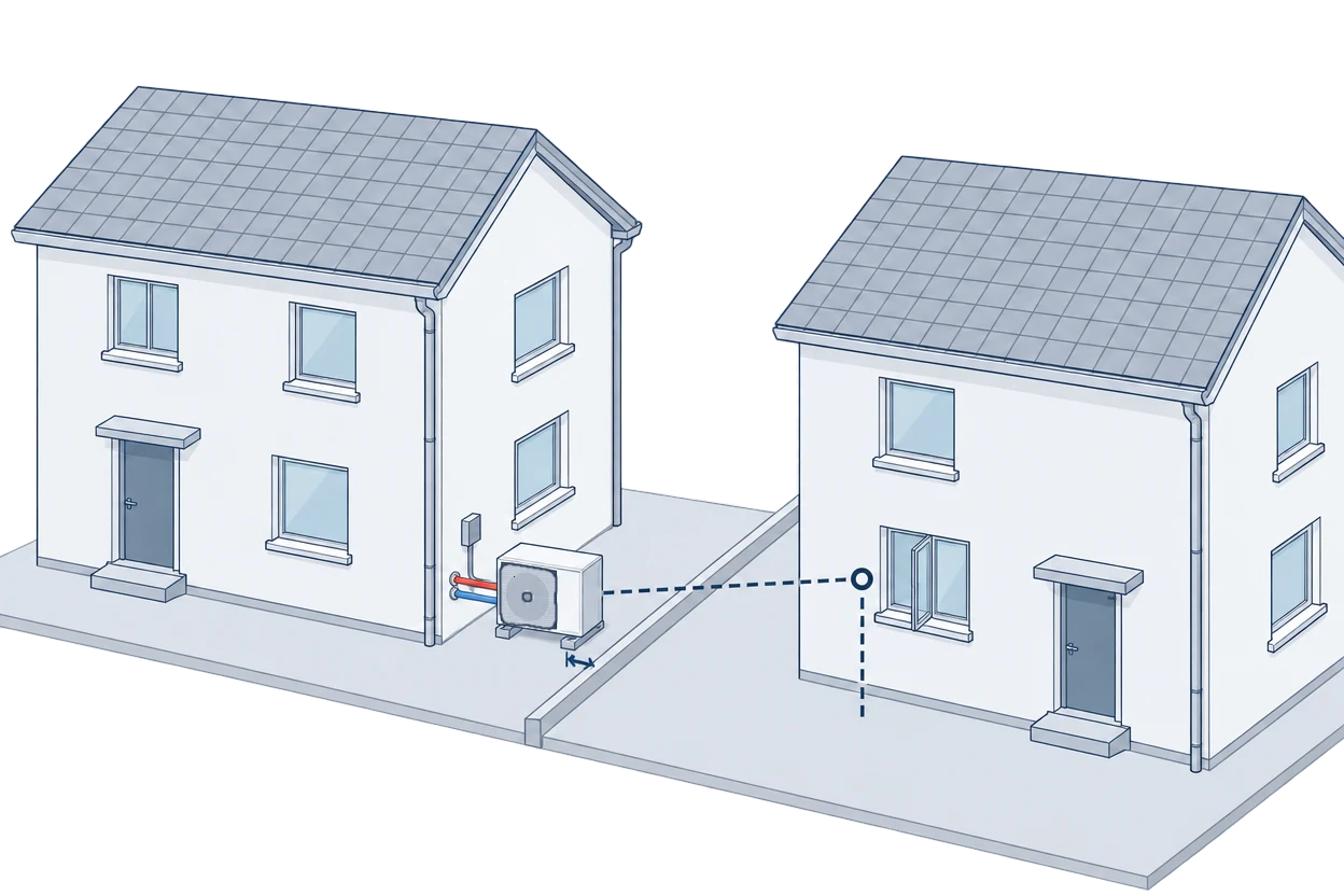 Two houses; a dashed line runs from the outdoor unit beside one house to a point just outside a ground-floor window of the house next door
