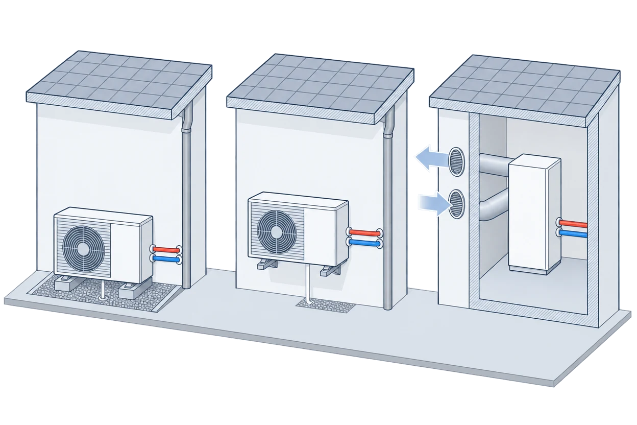 Three house walls side by side: an outdoor unit on two concrete plinths over gravel, an outdoor unit on wall brackets above a gravel strip, and a cut-away room with a unit indoors drawing and blowing air through two ducts in the outside wall