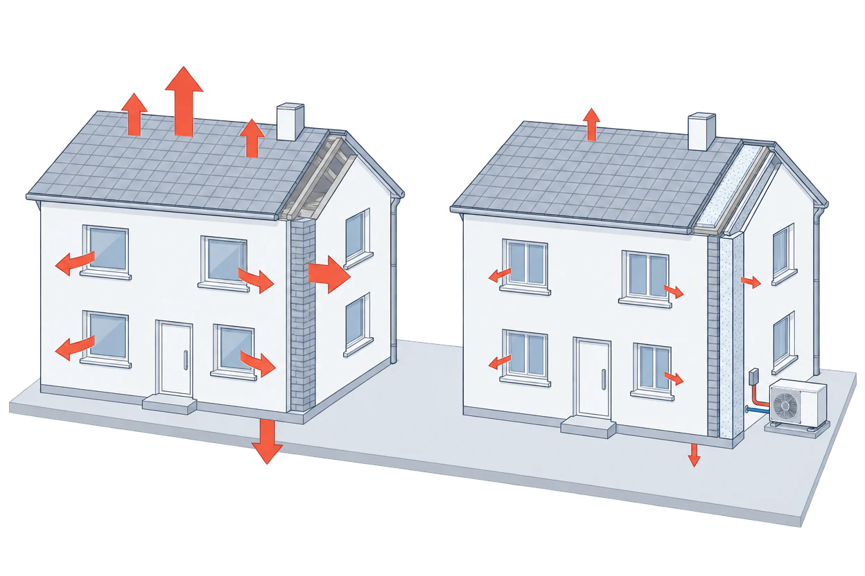 Two identical two-storey houses side by side: the left one with large red arrows for heat escaping through roof, walls, windows and floor, the right one with an insulated loft and walls, new windows, small arrows and a heat pump outdoor unit