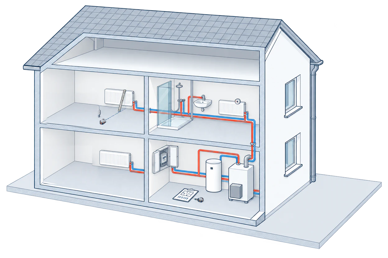 Cut-away of a two-storey house with radiators; the old boiler and its cylinder stand in the utility room, and a radiator is being measured