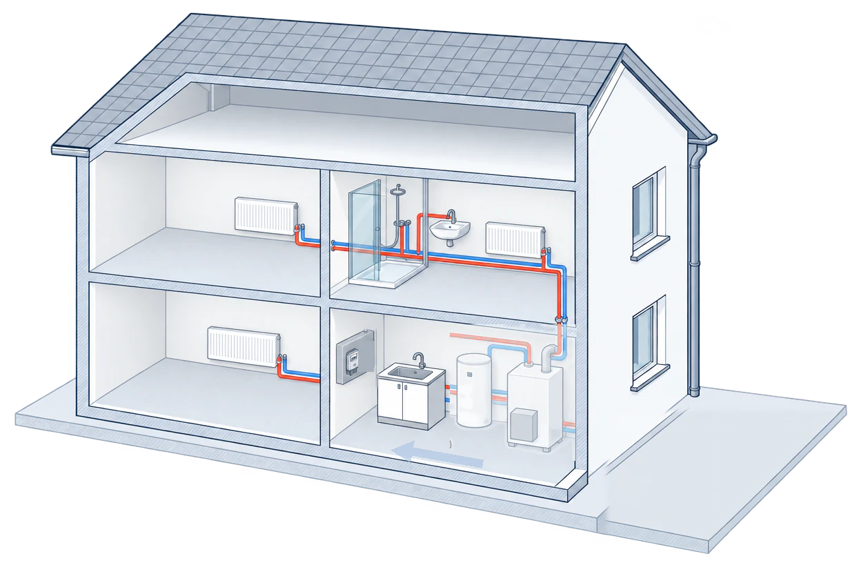 The same house: the boiler and cylinder are only faintly shown, and an arrow shows them being taken away