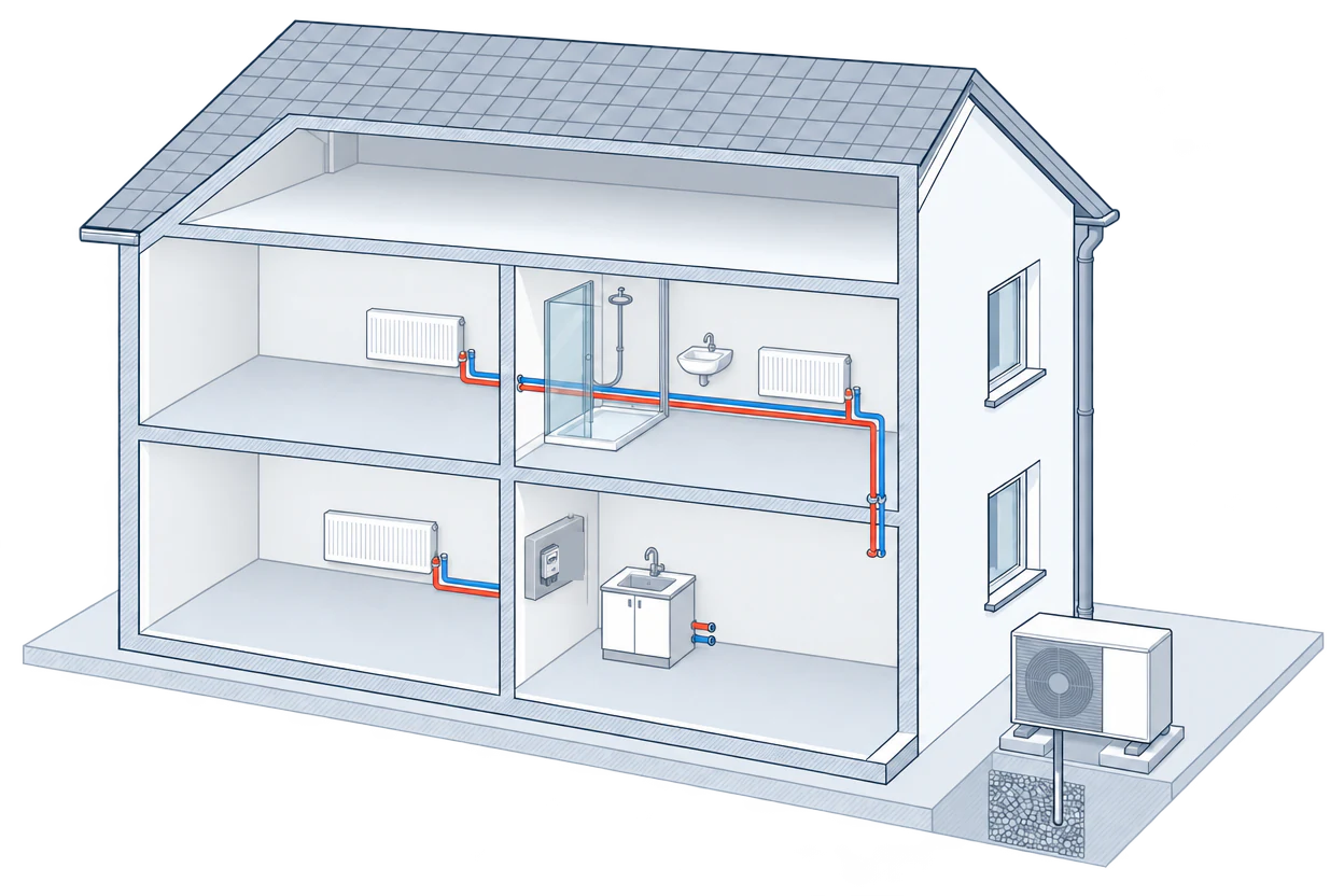 The outdoor unit stands on its base beside the house