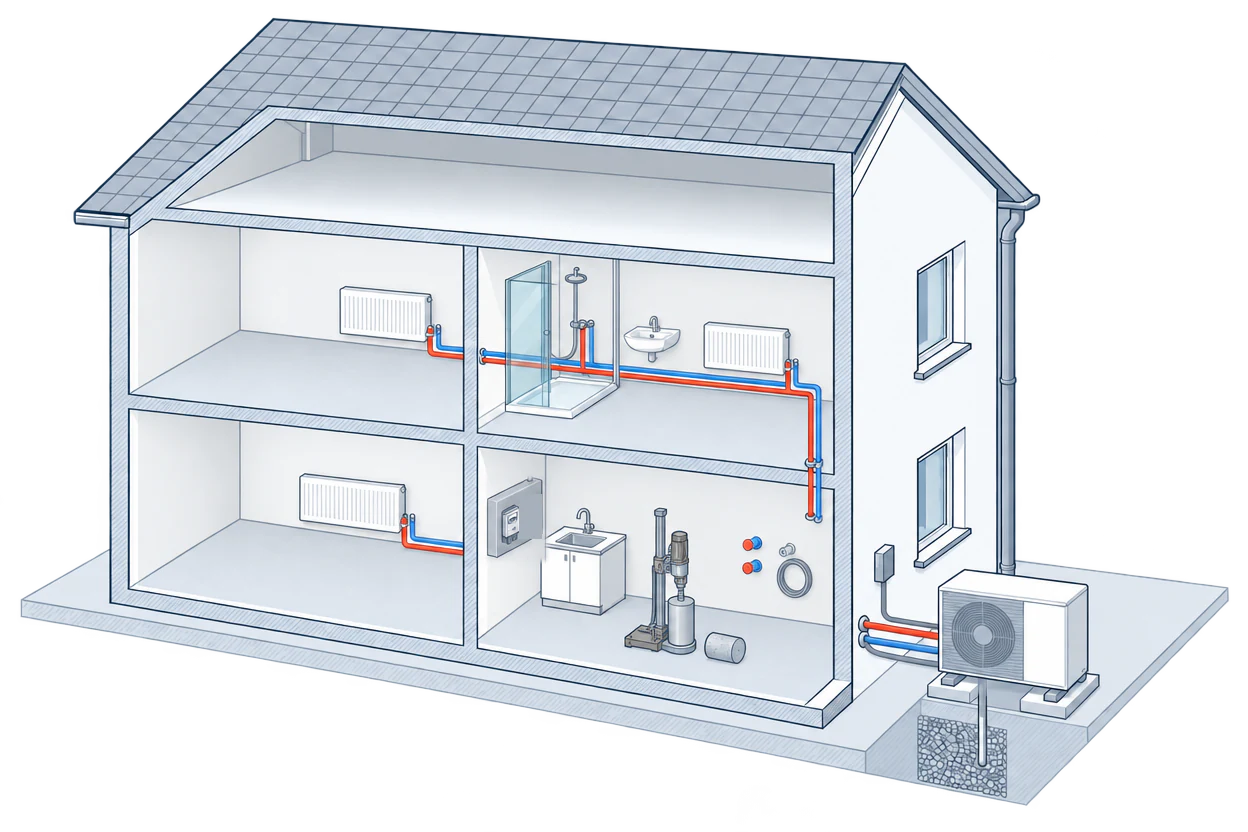 A core drill in the utility room; red and blue pipes run from the outdoor unit through the wall