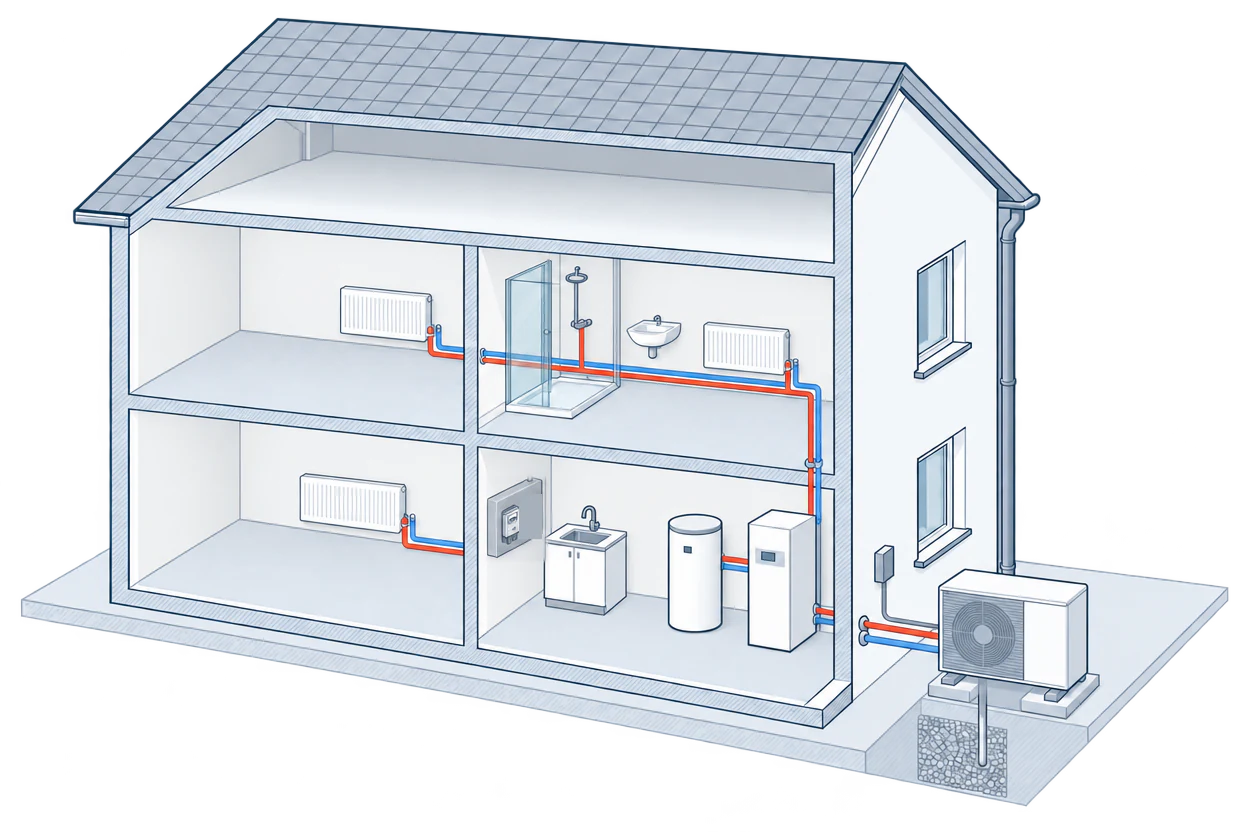 The indoor unit and hot water cylinder stand in the utility room, connected to the pipes from the outdoor unit