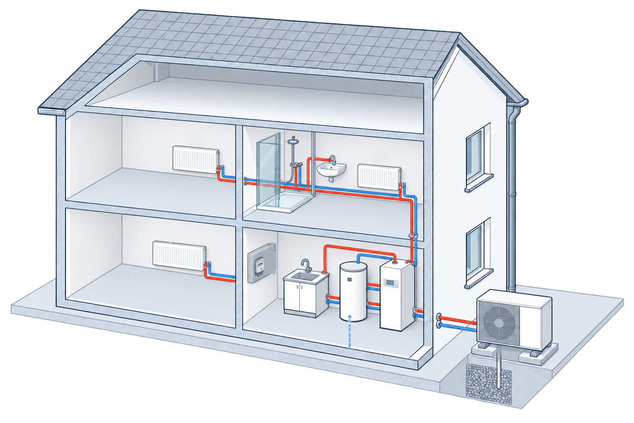 Red and blue pipes connect the indoor unit, the cylinder and the house’s radiator pipes