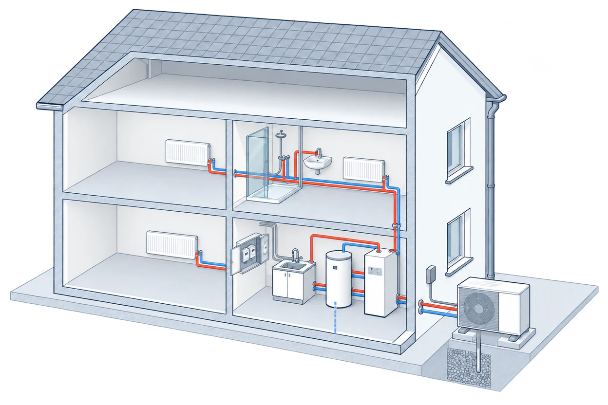An extended consumer unit with extra devices; cables run to the indoor unit and to the outdoor unit