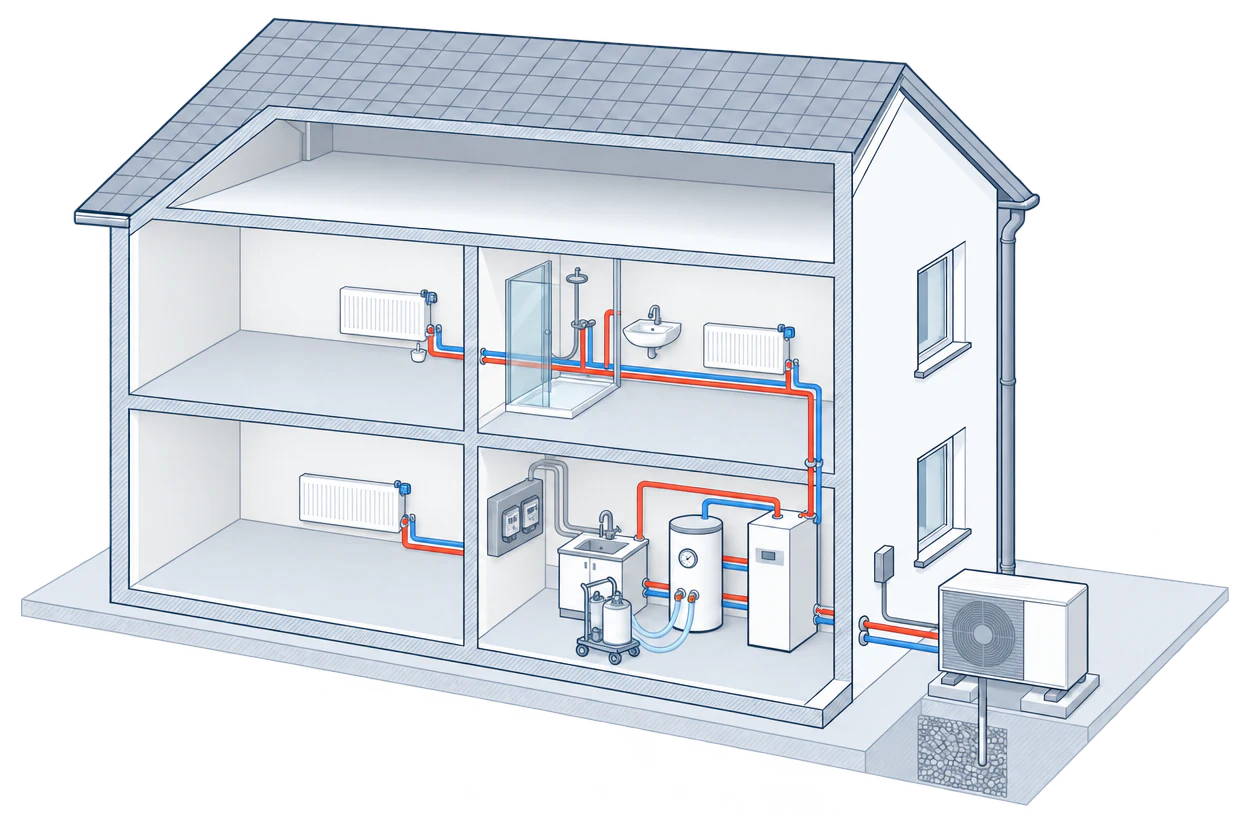 A filling unit with hoses at the cylinder, and valves on the radiators