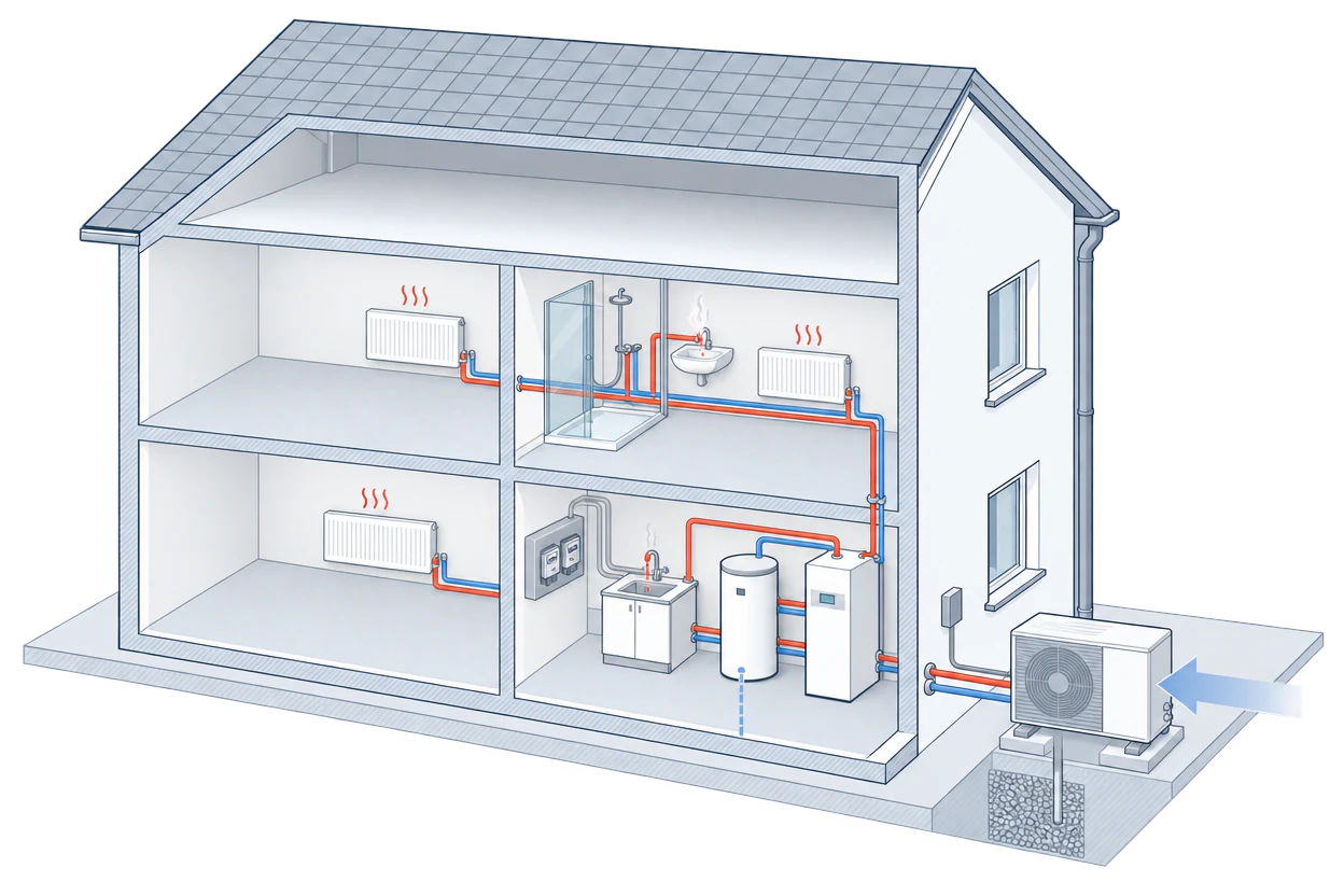 The finished system running: heat rises from the radiators, and air flows into the outdoor unit