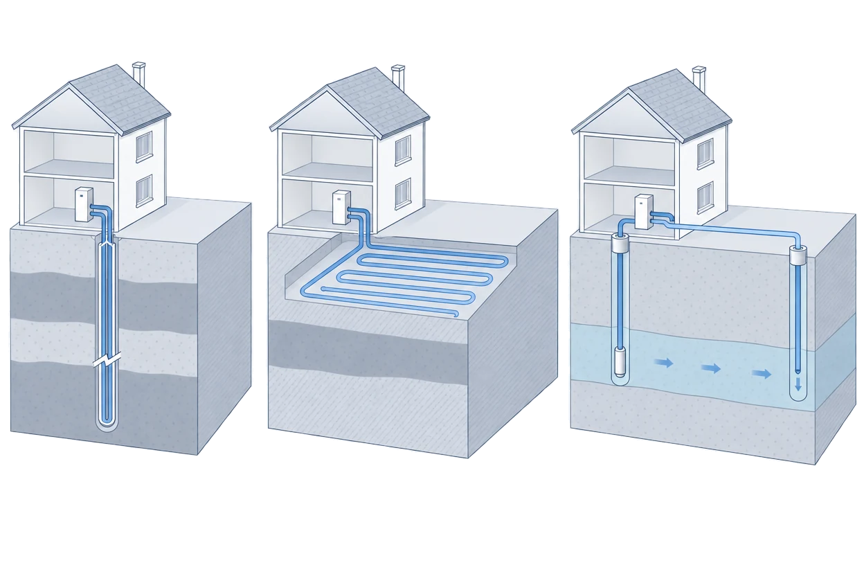 Three houses in cross-section: one with a pipe loop in a deep vertical borehole, one with looped pipes laid flat in a shallow excavation under the lawn, and one with two wells reaching the groundwater