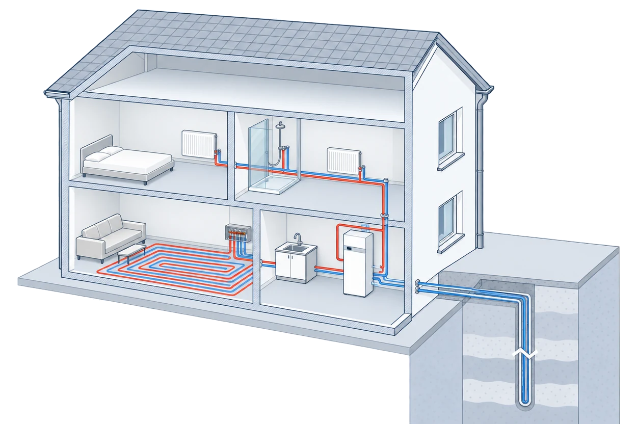 Cutaway of a two-storey house with a ground source heat pump in the ground-floor utility room, connected to underfloor heating, radiators upstairs and a pipe loop running down a borehole beside the house