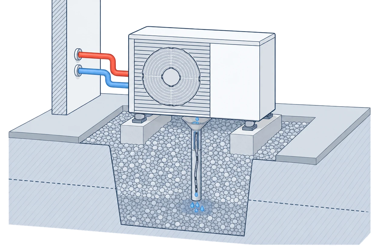 Cross-section under an outdoor unit: the unit stands on anti-vibration feet on two concrete strips, with a gravel-filled pit and a drain pipe below for the condensate