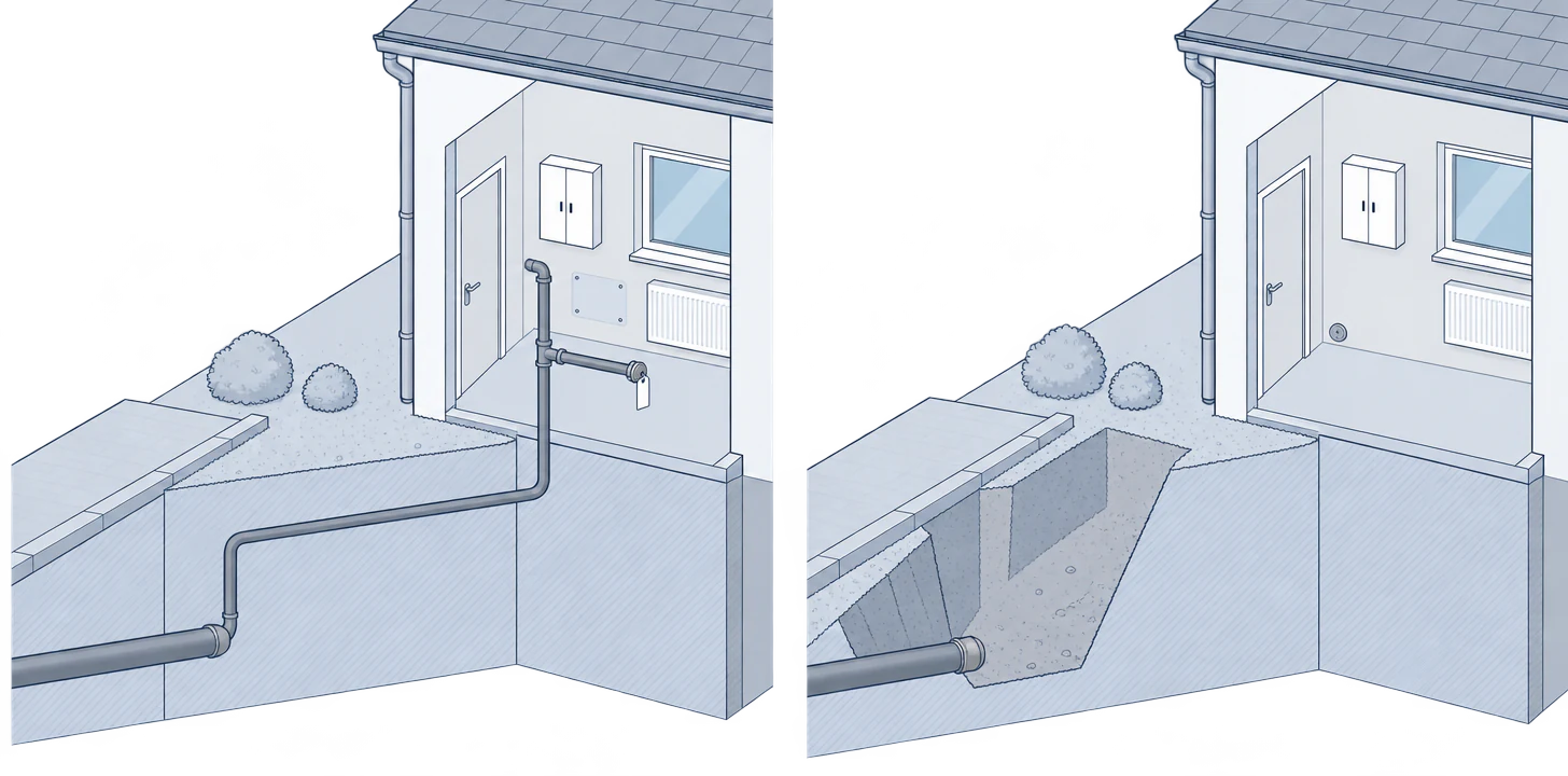 Two views of the same house: on the left the gas service pipe runs underground into the house and ends in a capped, tagged stub on the wall below a wall cupboard; on the right the pipe has been dug out through an open trench, leaving a sealed hole in the wall