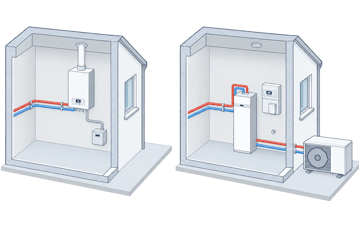 Two cutaway rooms side by side: on the left a wall-hung gas boiler with its flue through the ceiling and a gas meter, on the right a tall indoor unit with a built-in cylinder, controls on the wall and an outdoor heat pump unit on feet outside