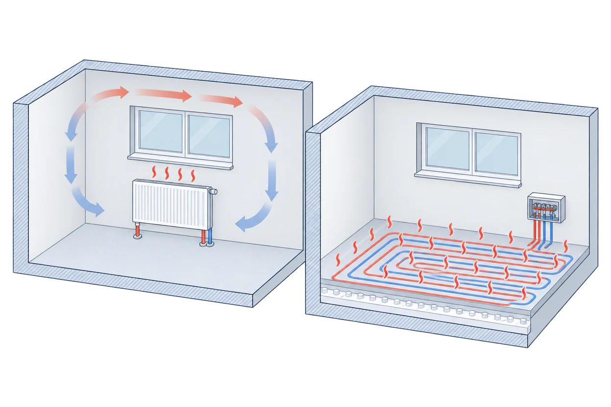 Two rooms side by side: on the left a radiator under the window with warm air rising and cooler air sinking along the walls, on the right underfloor heating pipes looped across the whole floor and a manifold on the wall