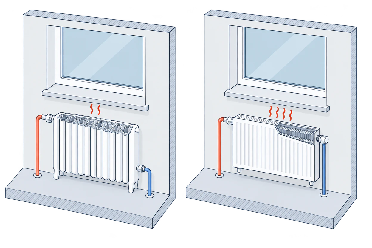 Two identical walls under a window: on the left an old cast-iron column radiator with flow and return pipes, on the right a double-panel radiator in the same place, cut away at one corner to show the fins between the panels