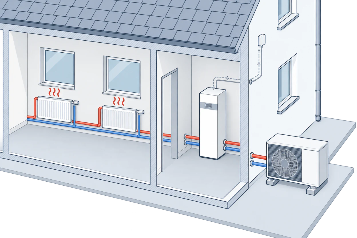 Cutaway of two rooms with radiators, an indoor heat pump unit and an outdoor unit; on the outside wall a small temperature sensor is wired to the controls