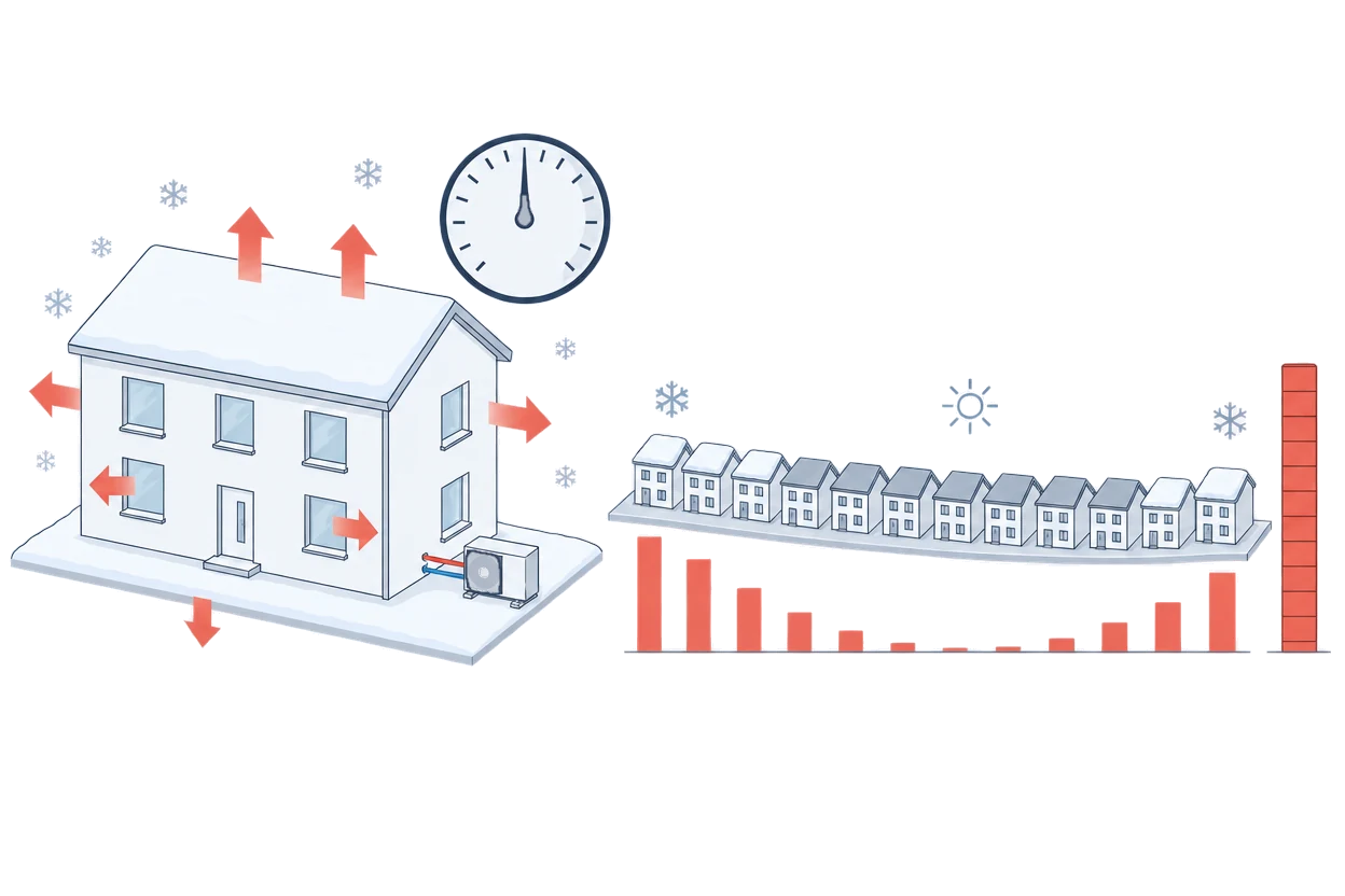 A house on a frosty day with red arrows for heat escaping through the roof, walls, windows and floor, next to a row of small houses with a red bar under each month and a tall stacked bar for the whole year