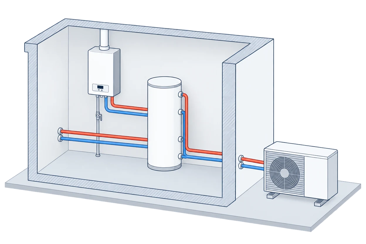 Cutaway drawing of a room with a wall-hung gas boiler indoors and an air source heat pump outdoor unit outside, both connected by red and blue pipes to one tall cylinder, with a further pair of pipes running from the cylinder into the house