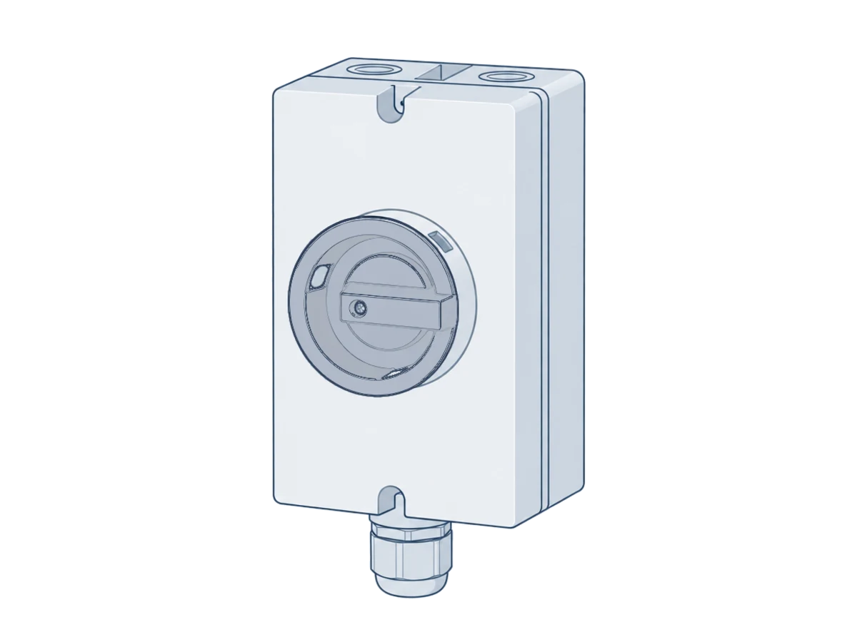 A grey weatherproof isolator switch box with a round rotary handle and a cable gland underneath