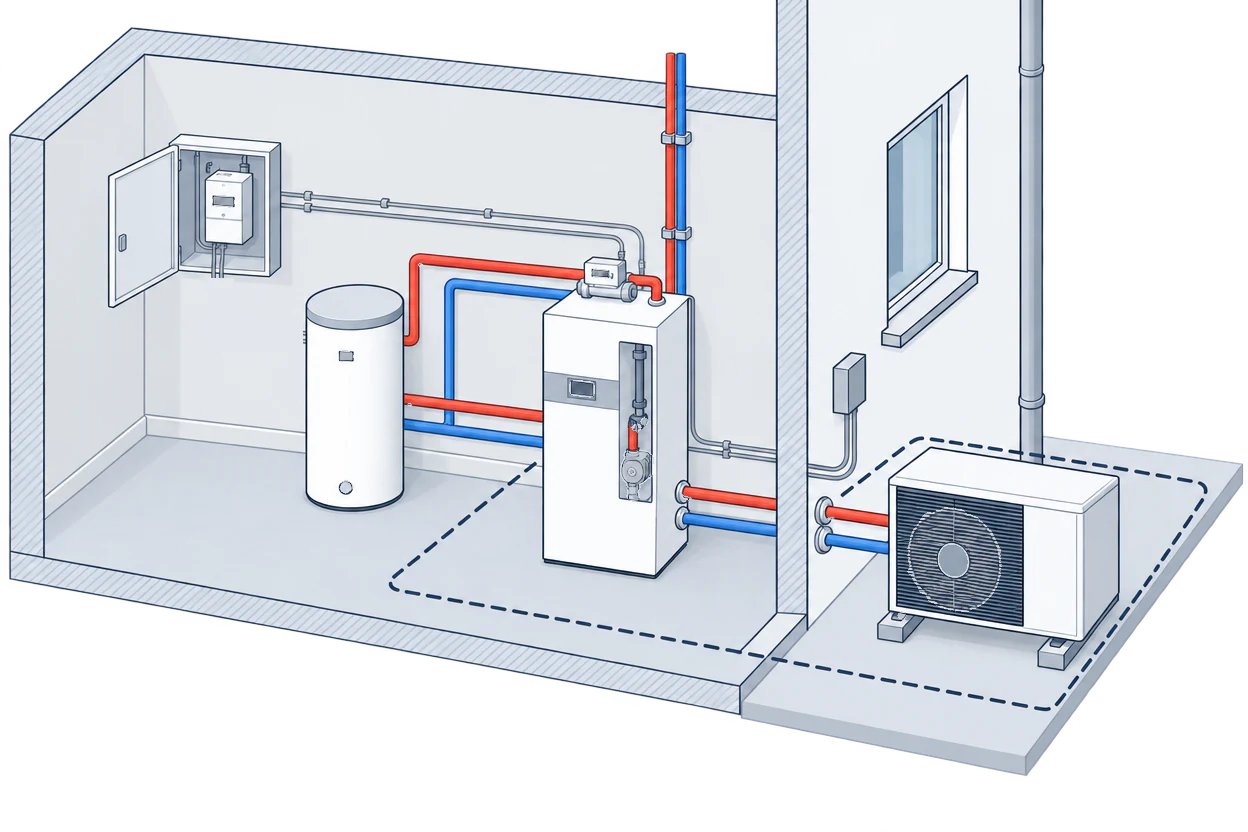 A plant room with an electrical box on the wall, a hot-water cylinder and an indoor unit with a heat meter on its flow pipe, connected to an outdoor unit; a dashed line surrounds the indoor and outdoor units