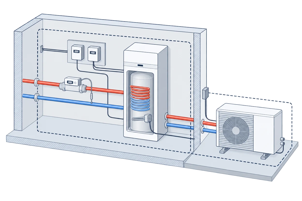 Plant room with two electricity meters, a heat meter on the heating flow pipe, an indoor unit with a hot-water cylinder and immersion heater, and an outdoor heat pump unit, all inside a dashed outline
