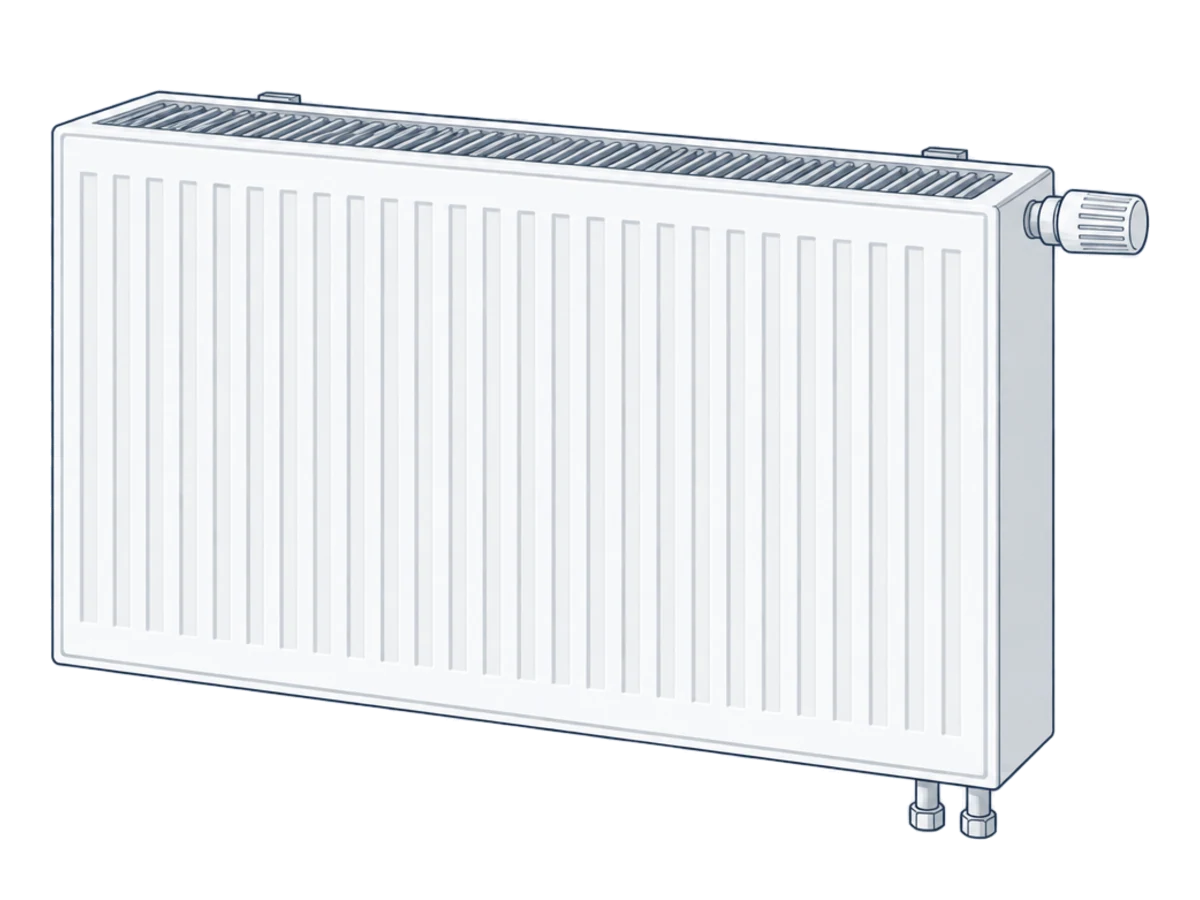 Drawing of a double-panel radiator with a grille along the top, a thermostatic valve head on the right and two pipe connections underneath