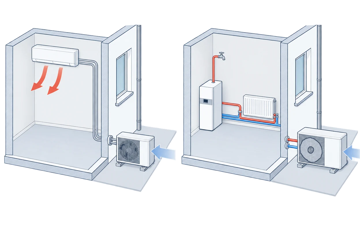 Two rooms side by side: on the left a wall-mounted indoor unit blows warm air into the room, linked by pipes to an outdoor unit; on the right an indoor unit with a cylinder feeds a radiator and a hot tap through water pipes from its outdoor unit