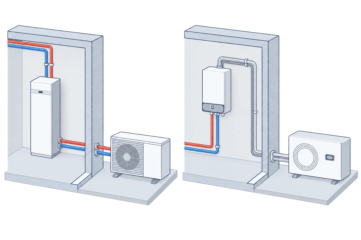 Two house walls side by side: on the left an outdoor unit joined to an indoor unit by red and blue water pipes, on the right an outdoor unit joined to a wall-hung indoor unit by grey refrigerant pipes