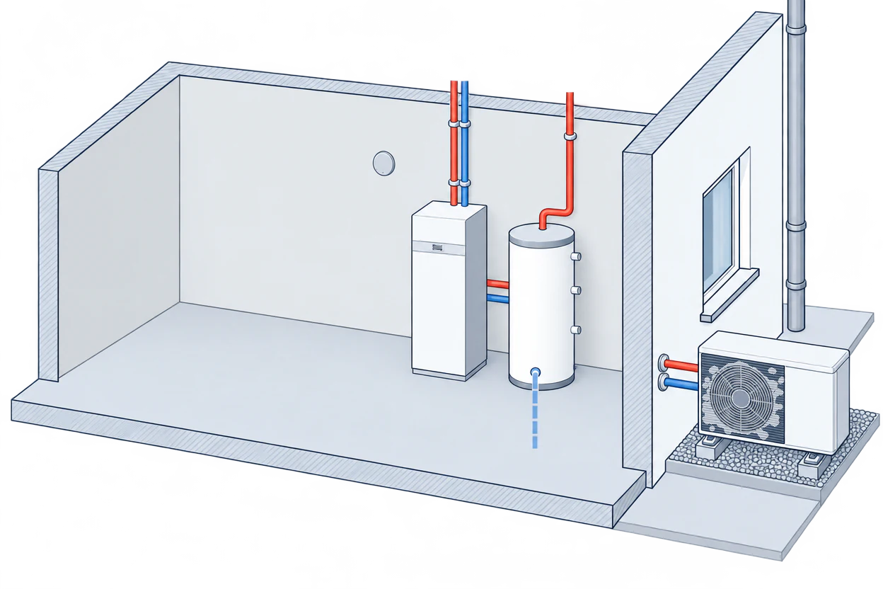 The same room with a heat pump indoor unit and a hot-water cylinder; the tanks are gone, the flue opening is sealed and the outdoor unit stands outside the wall
