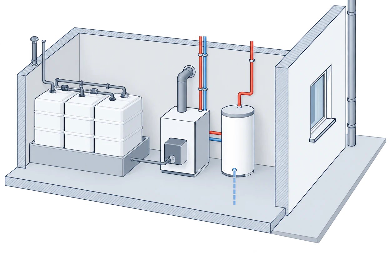Boiler room with three plastic oil tanks standing in a bund, a floor-standing oil boiler with its flue pipe and a hot-water cylinder