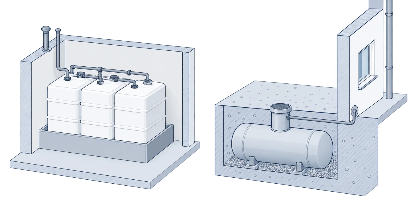 On the left, three plastic oil tanks standing in a bund inside a room; on the right, a horizontal tank buried in the ground in front of a house wall, with an access chamber and a pipe into the house