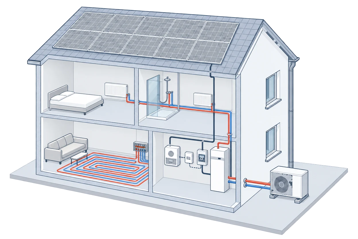 Cutaway of a two-storey house with solar panels on the roof, an inverter, meter and controller in a utility room next to the indoor unit and cylinder, underfloor heating downstairs, radiators upstairs and the outdoor unit outside