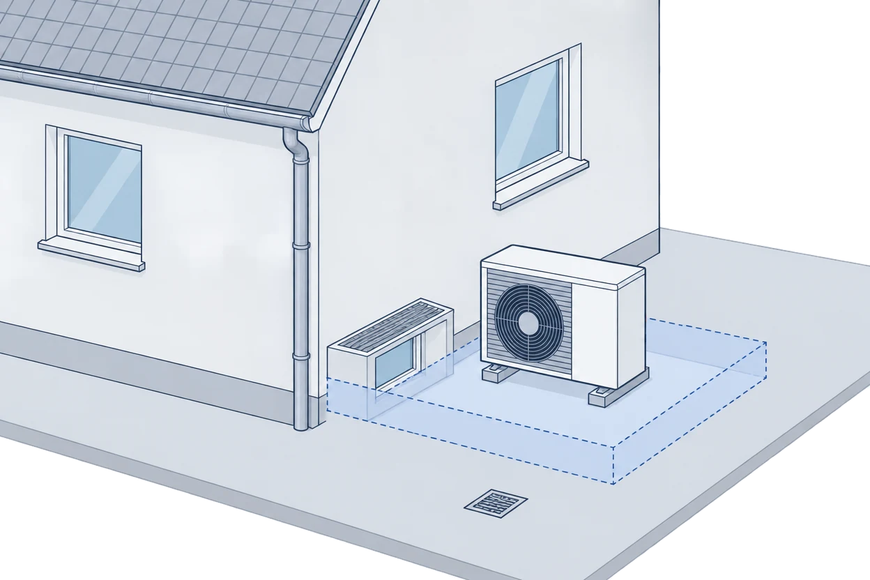 Outdoor unit on the ground in front of a house wall, with a pale blue zone marked on the ground around it; a low-level window well sits inside the zone to the left