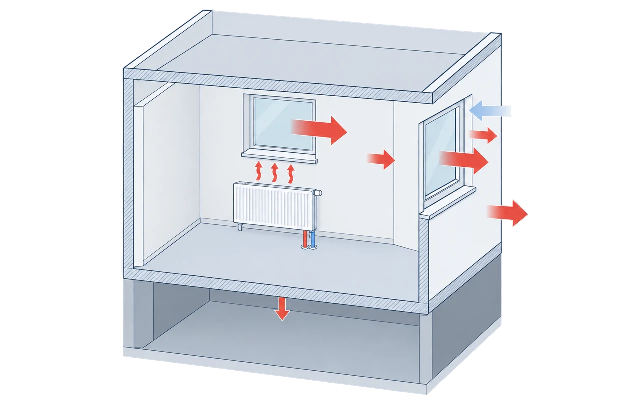 Cutaway of a room with a radiator under the window; red arrows show heat leaving through the windows, the walls and the floor to an unheated space below, and a blue arrow shows cold air coming in at a window