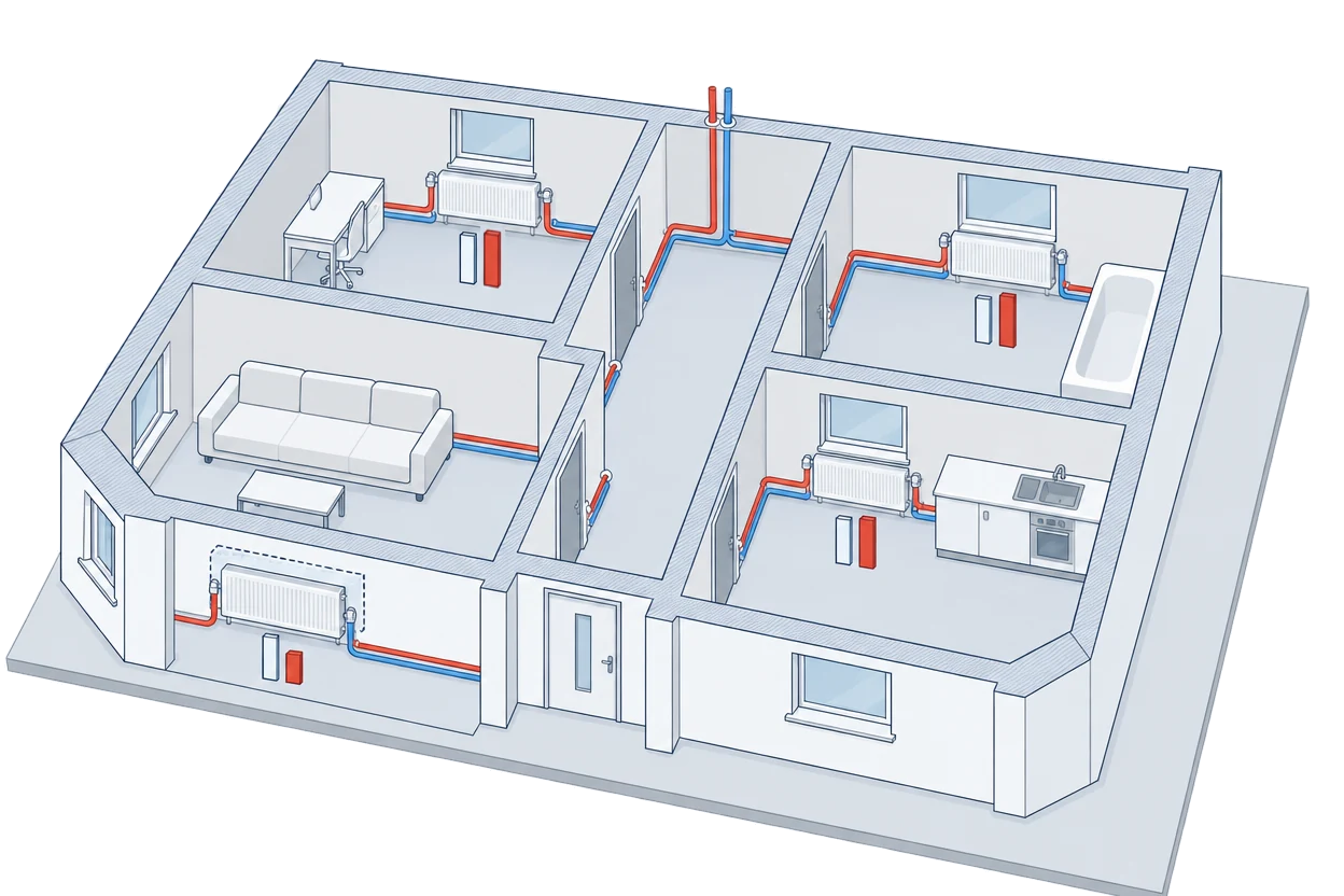 Cutaway plan of a single-storey home with four rooms and their radiators; each room shows two bars side by side, and one radiator has a larger dashed outline