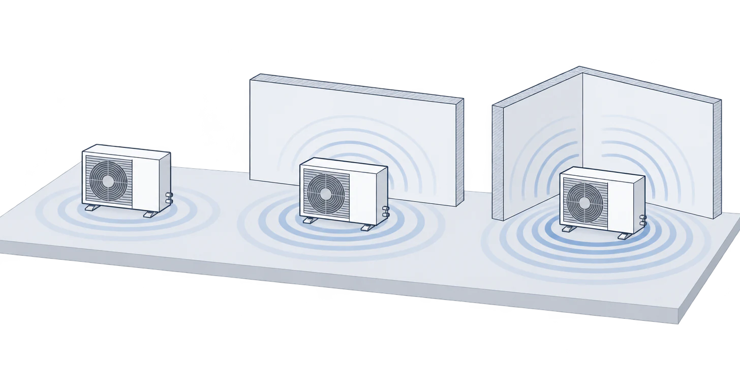 Three outdoor units on paving: one standing in the open, one in front of a wall and one in the corner between two walls, with sound rings growing stronger from left to right