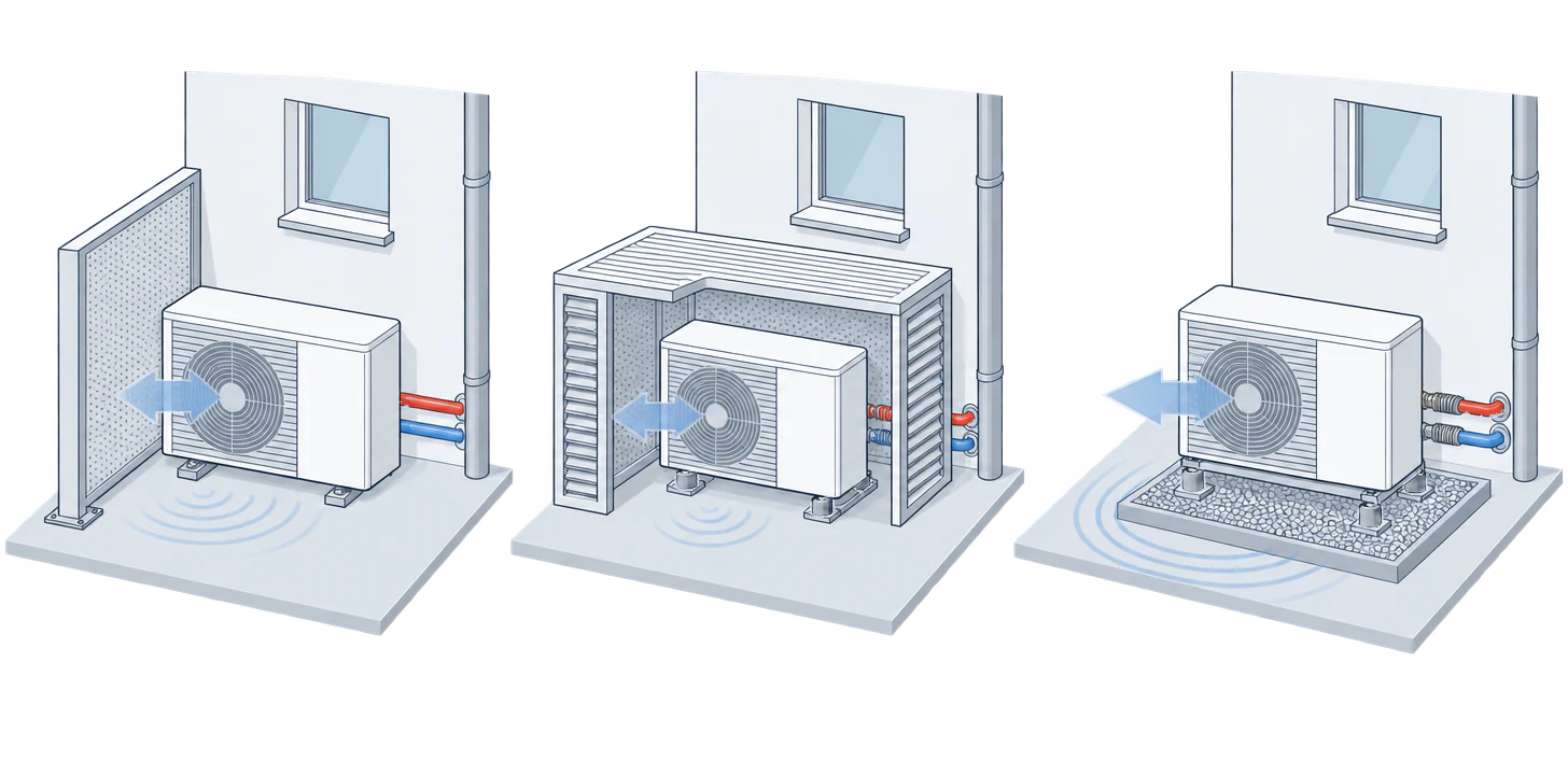 Three outdoor units in front of a house wall: one beside a solid screen, one under a louvred enclosure, and one on anti-vibration feet over a gravel bed with flexible hoses to the wall