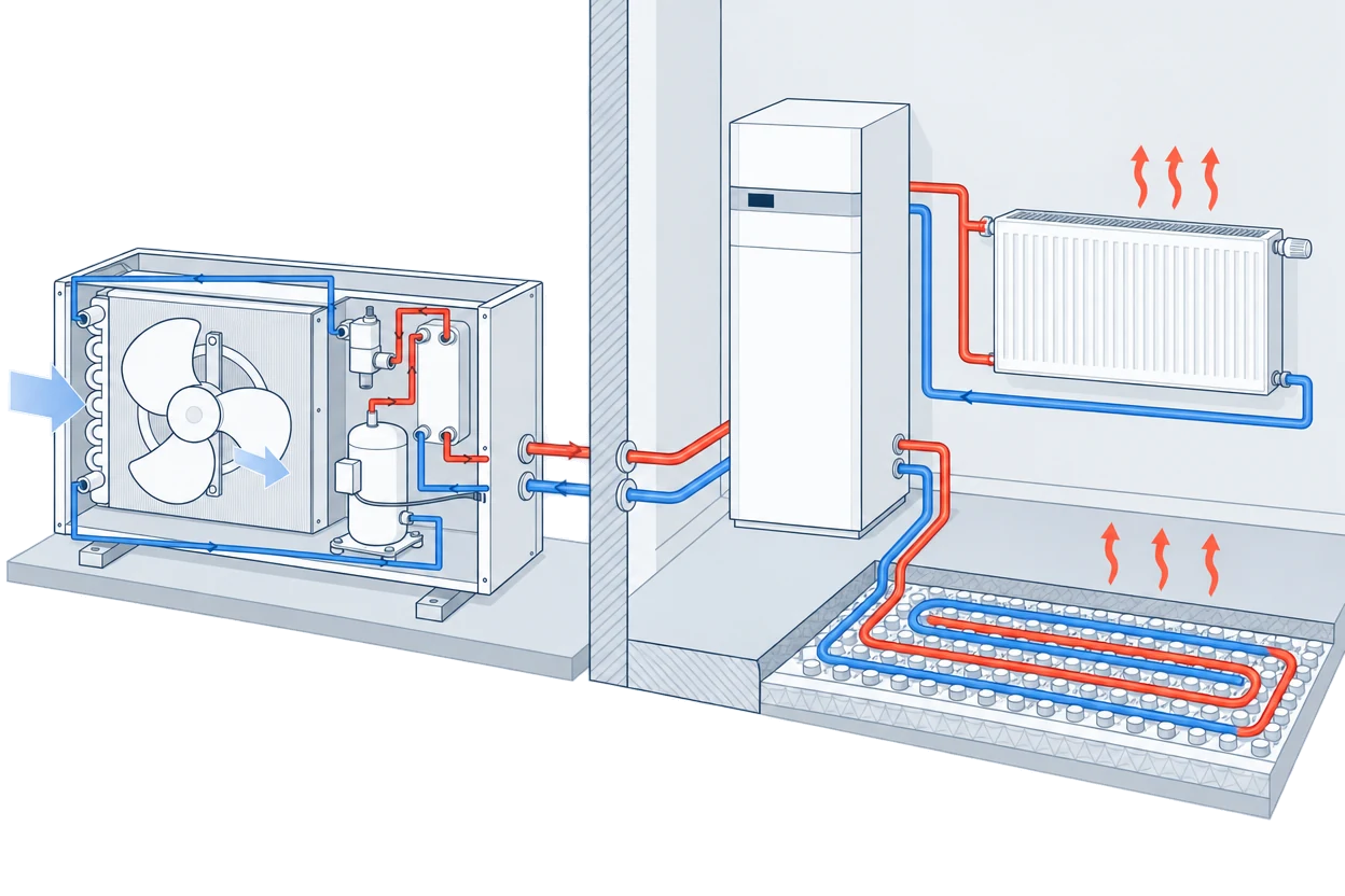 Cutaway of an outdoor heat pump unit with its fan, coil and compressor, connected through the house wall to an indoor unit that feeds a radiator and underfloor heating pipes