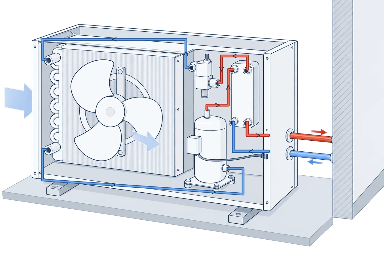 Cutaway diagram of an air source heat pump's outdoor unit: the fan and finned coil on the left, the compressor and expansion valve in the middle, and on the right a plate heat exchanger with two water pipes running into the house
