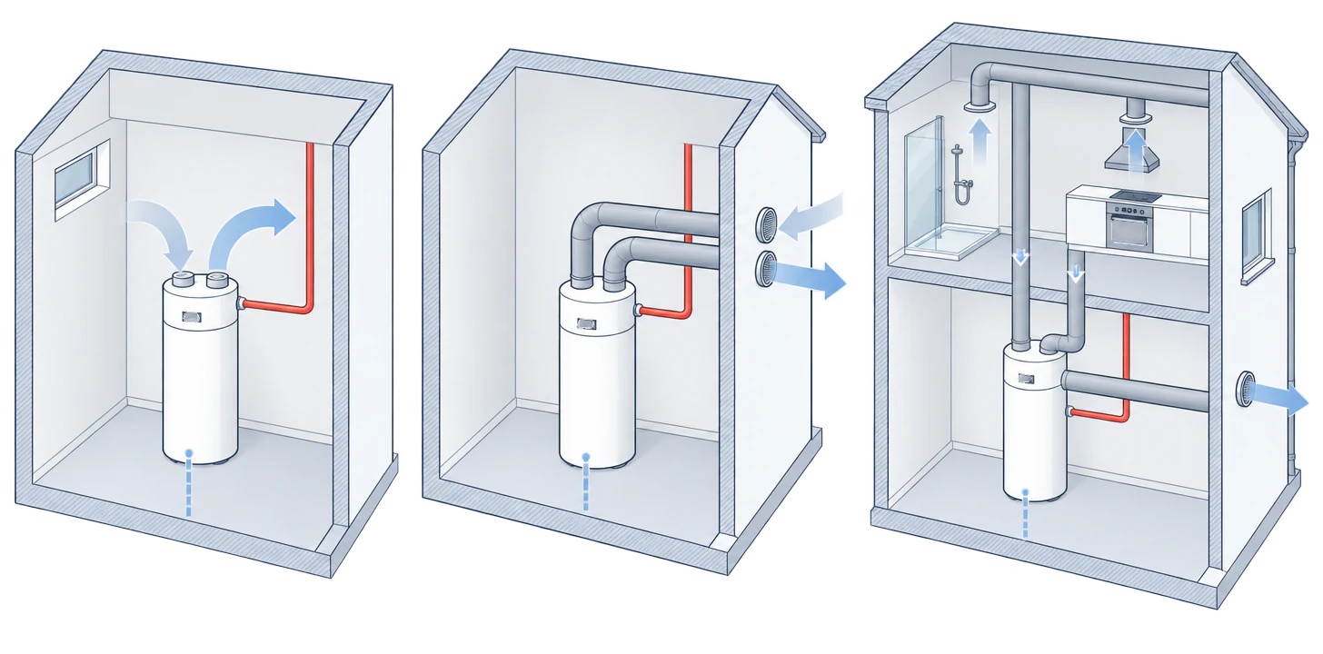 Three rooms, each with a hot water heat pump: on the left using the air in the room, in the middle drawing outdoor air through two ducts in the wall, on the right connected to the extract air from a bathroom and kitchen