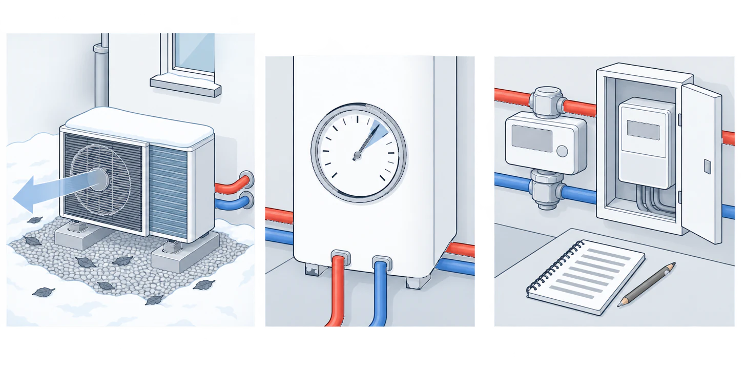 Three panels: an outdoor heat pump unit on a gravel base with snow and leaves cleared from the fan grille, a pressure gauge on an indoor unit, and a heat meter and electricity meter beside a notepad