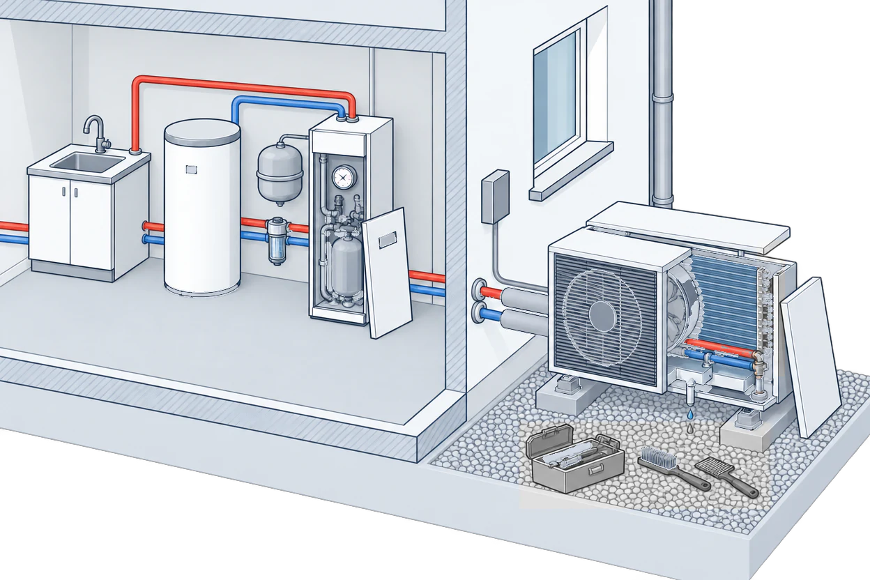 Cutaway of a plant room with a cylinder, expansion vessel, filter and an open indoor unit, and outside an outdoor heat pump unit with its side panel and lid removed, a toolbox and brushes on the gravel