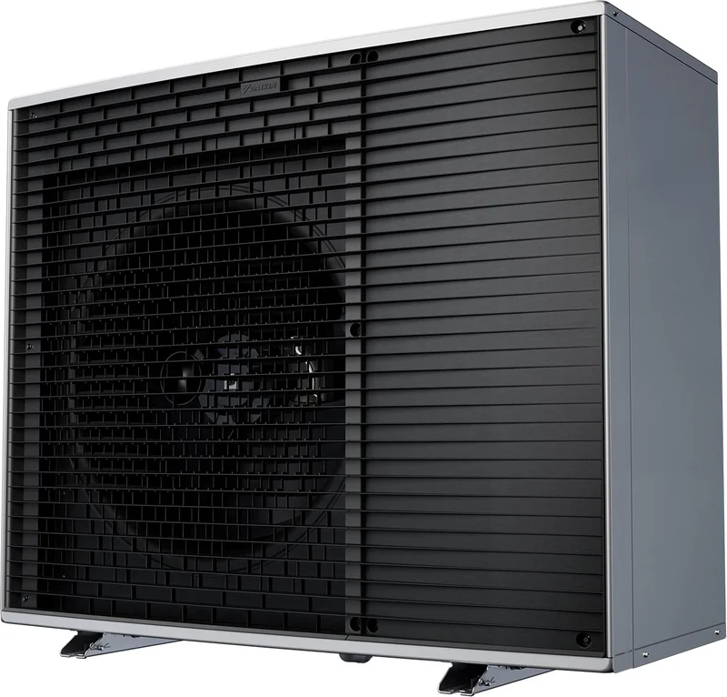 Manufacturer photo of the Daikin Altherma 4 H outdoor unit, dark grille on a silver casing