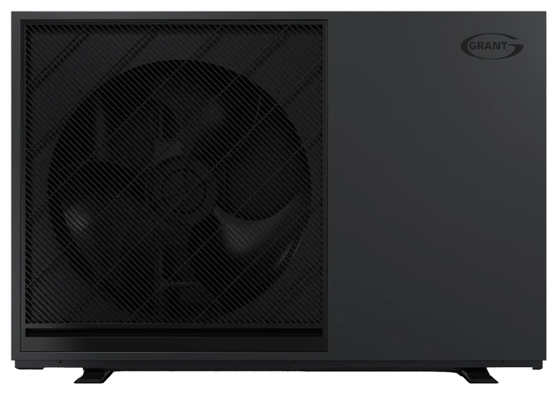 Manufacturer photo of a Grant Aerona 290 outdoor unit in black seen from the front