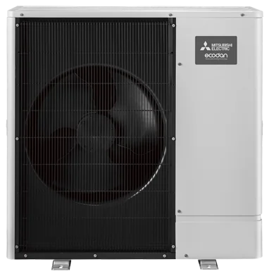 Manufacturer photo of the Mitsubishi Electric Ecodan R290 outdoor unit in white with a black fan grille