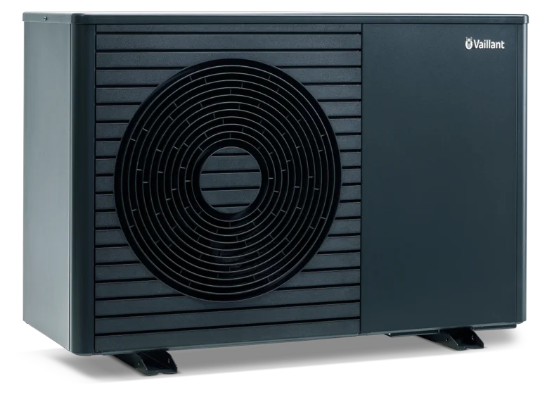 Manufacturer photo of the Vaillant aroTHERM plus outdoor unit in dark grey with a round fan grille